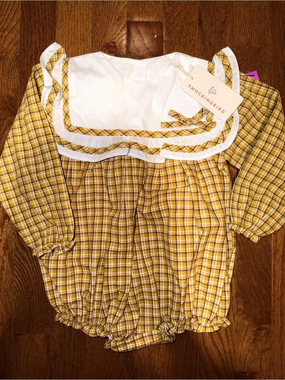 Smockingbird Yellow Plaid Baby Bubble with White Sailor Collar
